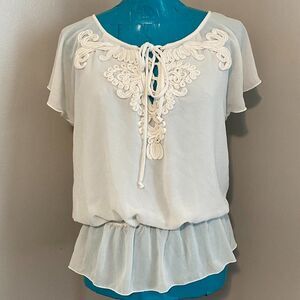 Sophie Max Boho Semi Sheer Embordered Womens Top Size L